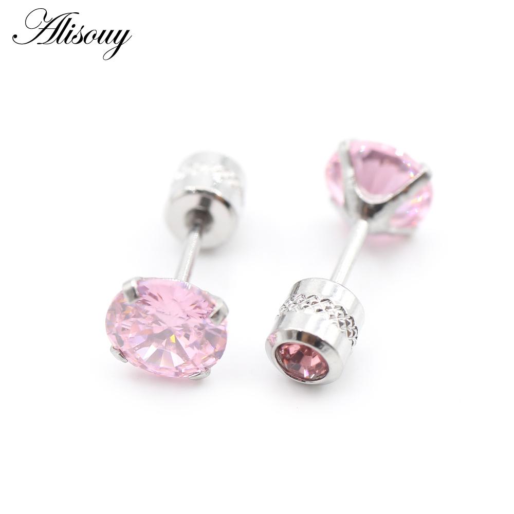 

Alisouy 2PCS нержавеющая сталь 4 зубца двойной циркон CZ для женщин мужчин девушек серьги-гвоздики для хряща серьги-гвоздики для пирсинга ювелирные изделия 4mm серебряный/розовый