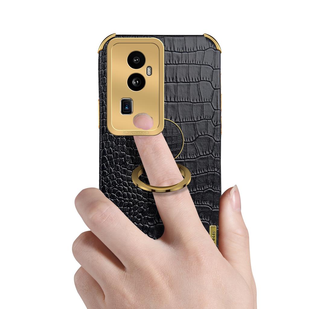 For Oppo Reno10 Pro+ 5G Crocodile Texture Ring Kickstand Phone Case 6D Electroplated Leather+TPU Cover