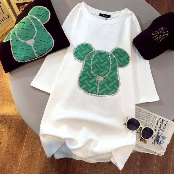 

200g pure cotton combed hemming heavy industry diamond-encrusted pure cotton short-sleeved t-shirt women s spring and summer large version top tide M белый