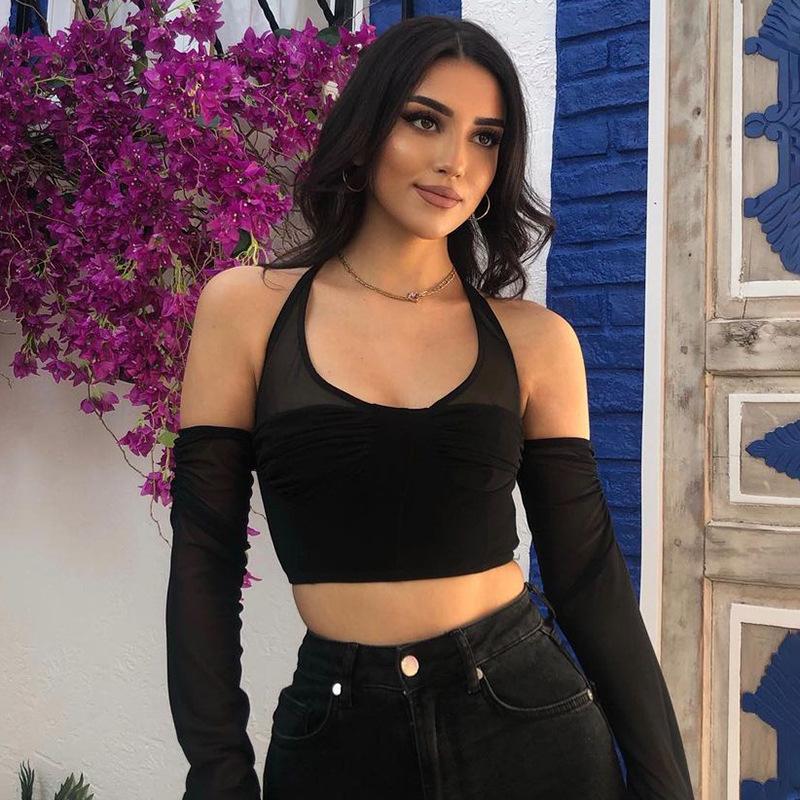 

Кружевная лоскутная женская футболка с перспективой, тонкий эластичный сетчатый топ, футболки, черная летняя футболка с длинными рукавами