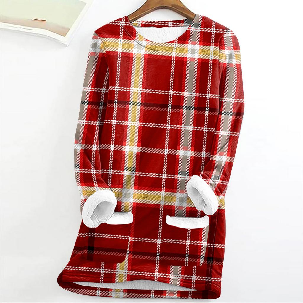 Women's Fashion Plaid Print Round Neck Long Sleeve Plush Winter Warm Pullover Top