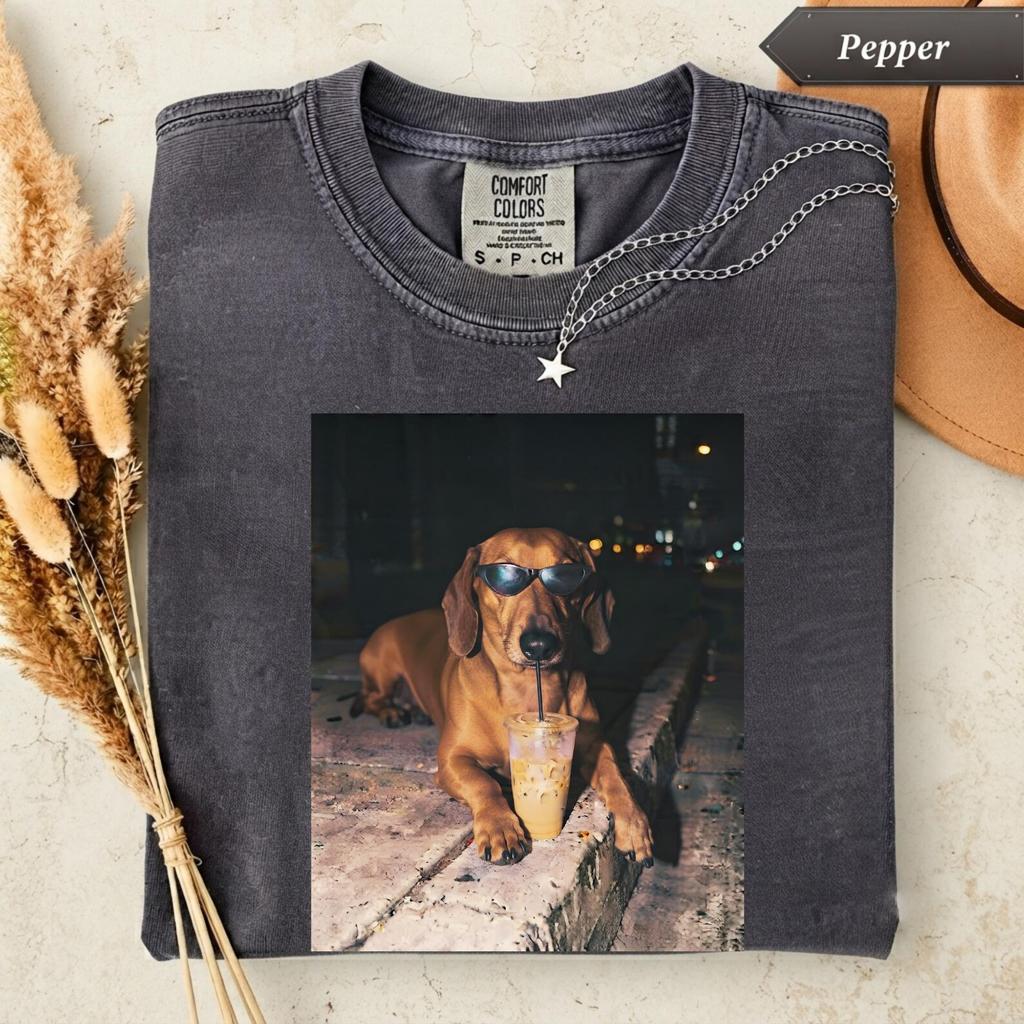 Dachshund Drinking Iced Coffee Shirt, Funny Wiener Dog T-Shirt, Comfort Colors Doxie Mom Tee, Dog Lover Gift, Cute Coffee Dog Shirt
