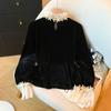 Slimming Velvet Lace Top with 3D Floral Design - Women's Spring Long Sleeve