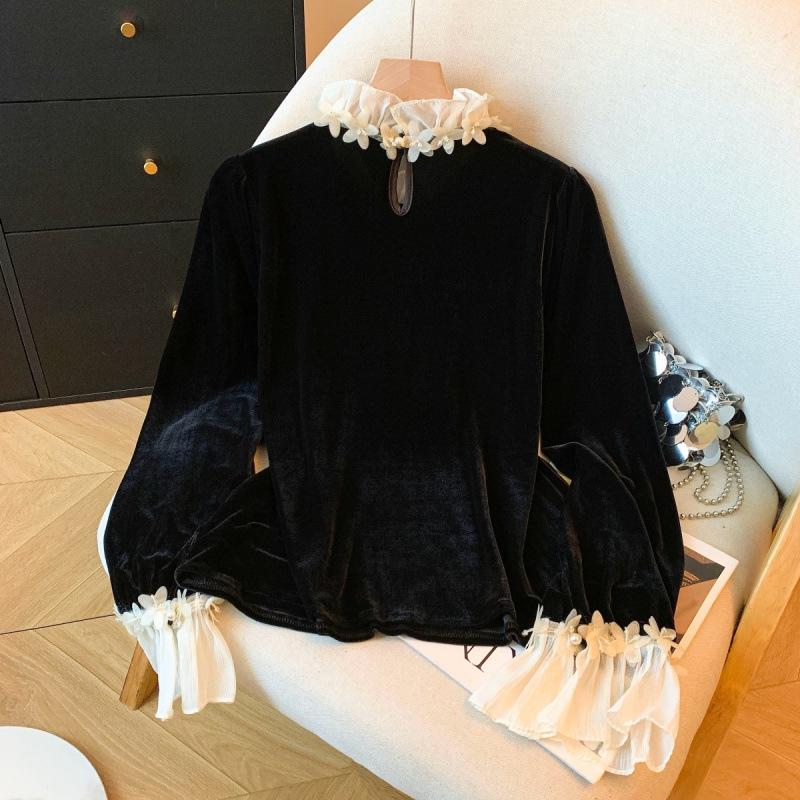Slimming Velvet Lace Top with 3D Floral Design - Women's Spring Long Sleeve