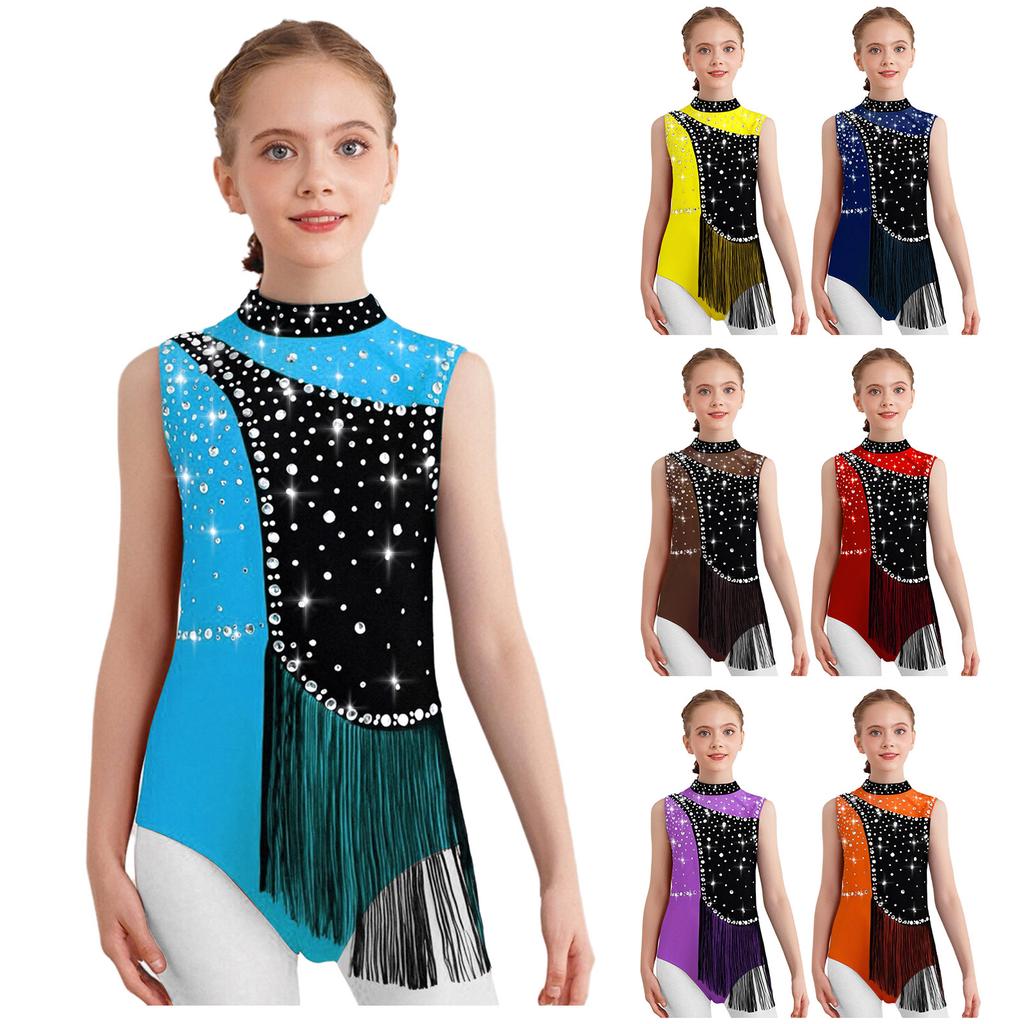 Girls Color Block Gymnastics Leotard with Mock Neck & Keyhole Back, Shiny Rhinestones & Tassels for Dance & Figure Skating