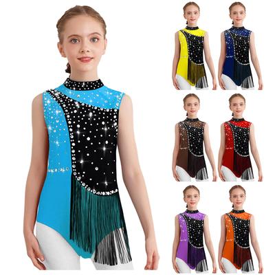 Kids Figure Skating Leotard Color Block Sleeveless Mock Neck Keyhole Back Shiny Rhinestones Tassels Bodysuit for Dance