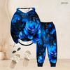 Women Plus Size Two Piece Set Long Sleeve Hooded Top Cuffed Pants Blue Floral Printed