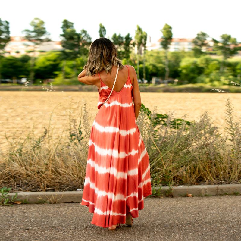 GMXIA Sommer Neckholder Kleid Bedruckt Streifen Große Größe Lang Locker Damenkleider