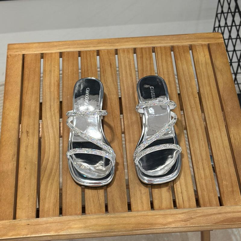 Silver high heels women's stiletto with full diamond slippers women's summer wear elegant medium high heel sandals women's models