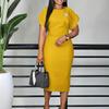 Women's Round Neck Short Sleeve Midi Pencil Dress Slim Fit High Waist Elegant Solid Color Office Dress With Brooch