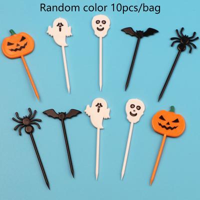 Lot de 10 cure-dents d'Halloween, fourchettes à fruits, citrouille, fantôme, chauve-souris, dessert, cocktail, décoration de gâteaux, fournitures de fête d'Halloween
