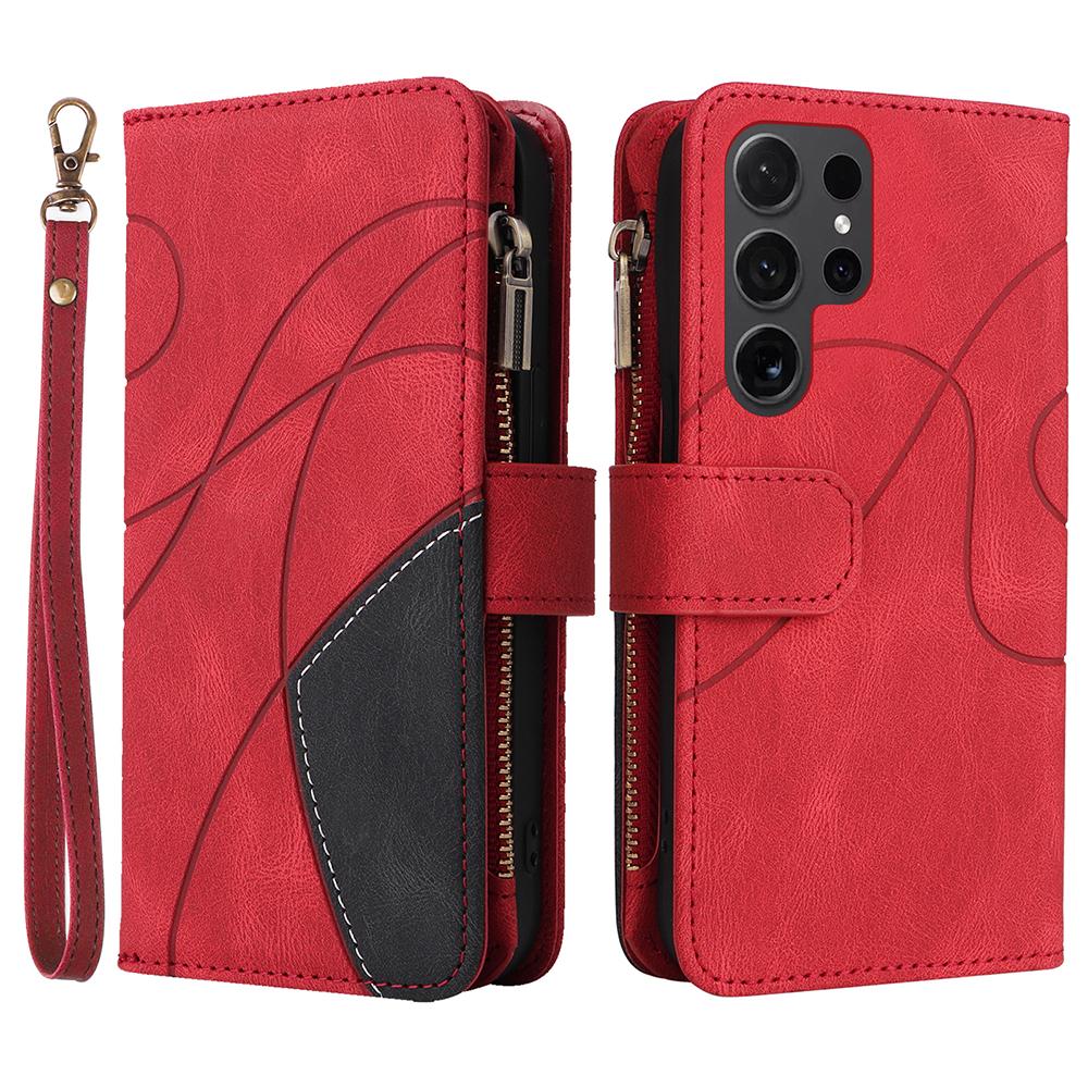 

For Samsung Galaxy S24 Ultra Leather Case with Strap Zipper 9 Card Slot Phone Cover Stand Red