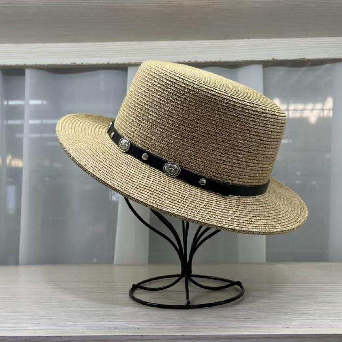 Traveling fine straw hat children summer flat edge sun hat fashion sunscreen hat straw woven flat top sun hat men M（55-58cm）
