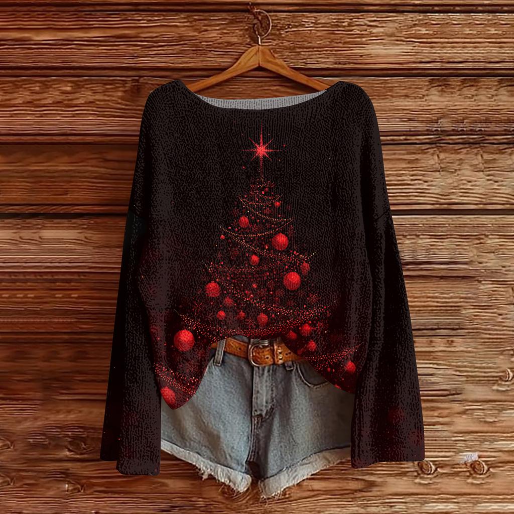 Women's Round Neck Lightweight Sweater Casual Long Sleeve Christmas Print Knit Pullover