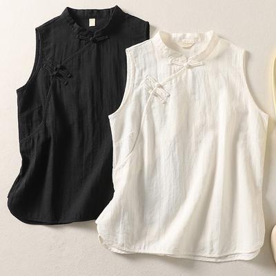 Women Chinese Mandarin Collar Frog Button Sleeveless Linen Cotton Blend Vest 2 Colors