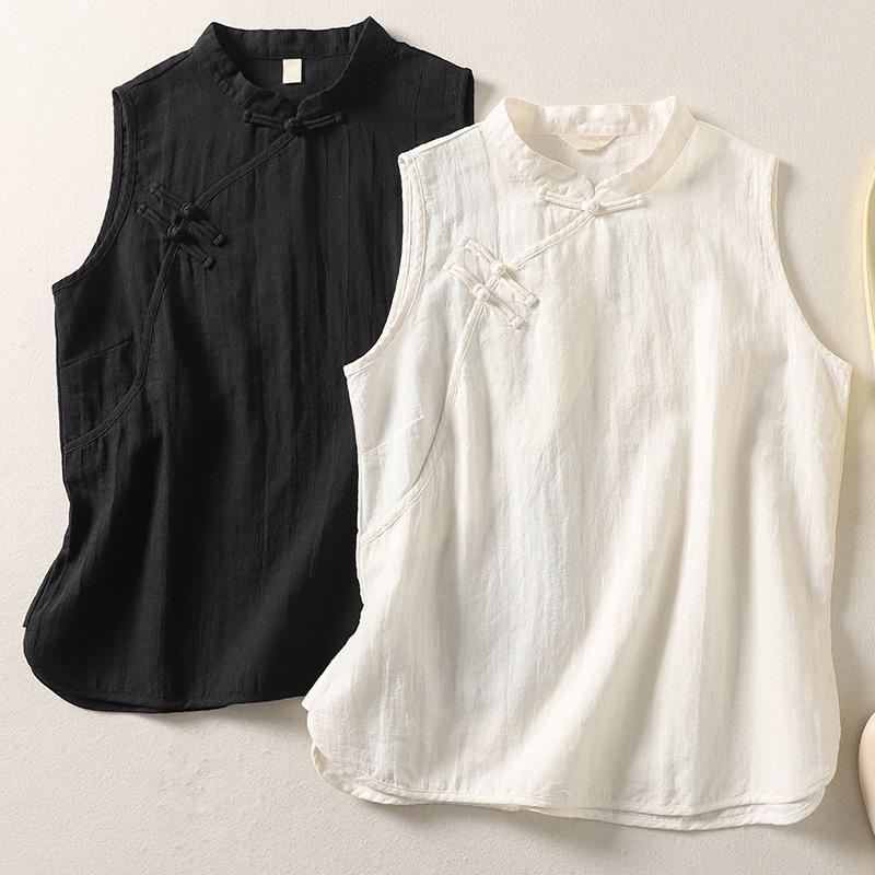 Women Chinese Mandarin Collar Frog Button Sleeveless Linen Cotton Blend Vest 2 Colors