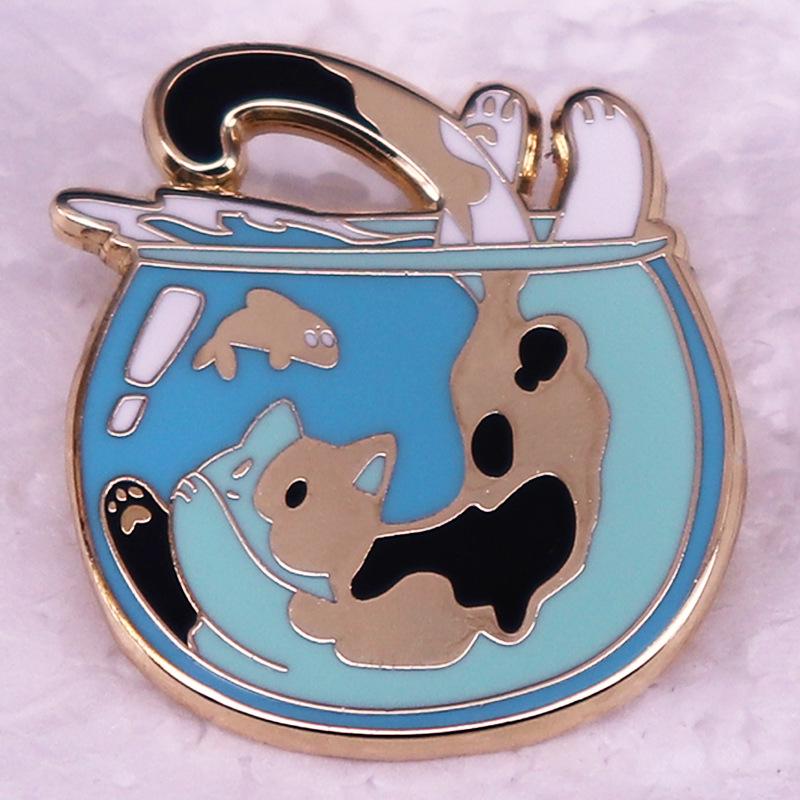 Calico Cat Brooch: Jumping into the Fish Tank