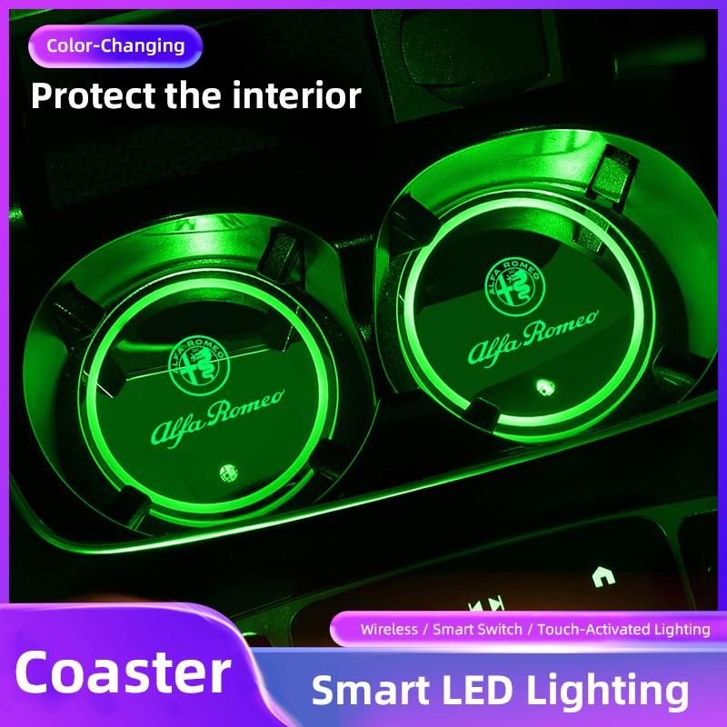 2PCS LED Cup Holder Rechargeable Rainbow Light Up Coasters For Alfa Romeo 156 159 147 4C 8C 166 Giulia Giulietta Mito Stelvio