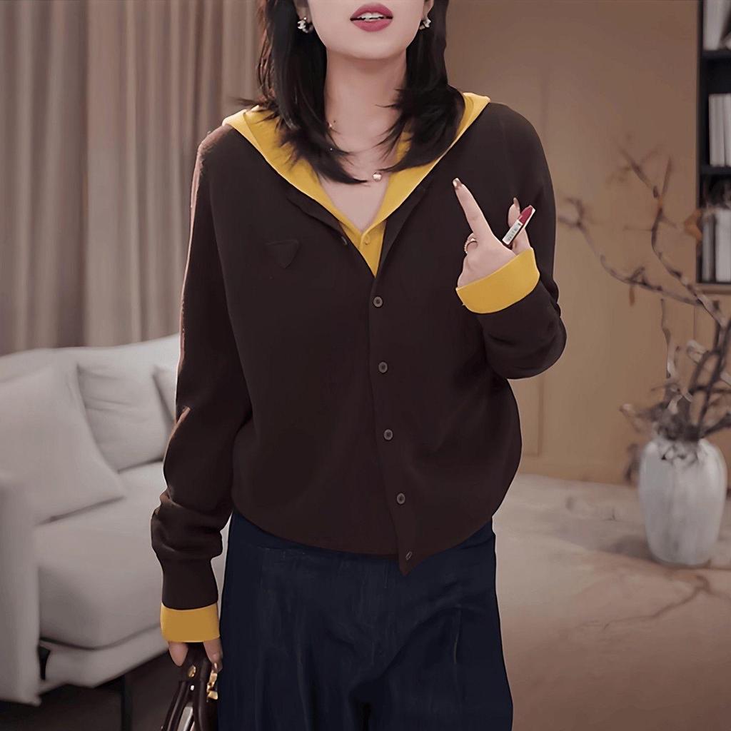 European Plus Size Faux Two-Piece Hooded Cardigan, Long Sleeve, Slimming, Autumn 2025 Fashion for Women