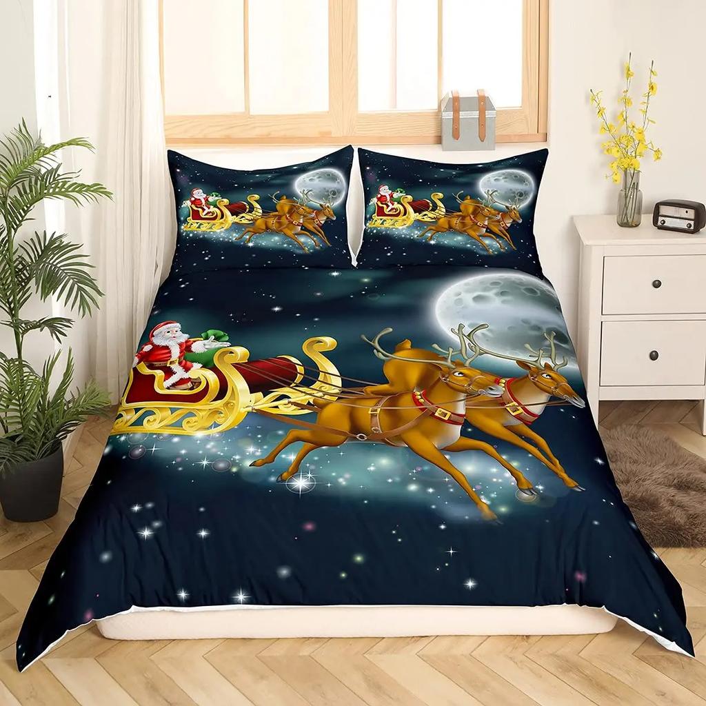 Christmas Tree Duvet Cover Set Blue Xmas Comforter Cover Girly Glitter Elk Bedding Sets Winter Snowflakes Duvet Cover Full Size