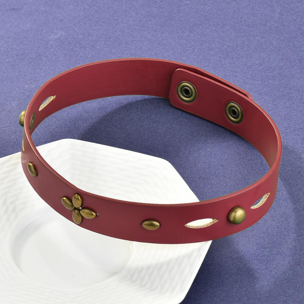 Jimei Dark Red Leather Retro Bronze Metal Leather Collar Female Spice Girl Trendy Hollow Leather