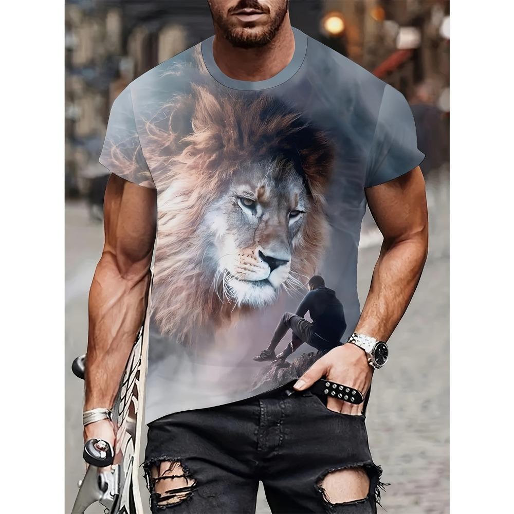 

Мужские футболки больших размеров с принтом в виде красочного льва, повседневная мода с коротким рукавом и круглым вырезом, уличные мужские модные футболки для активного отдыха 5XL