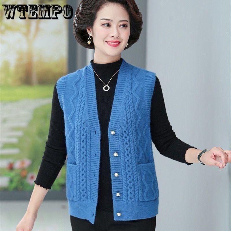 Mom Knitted Vest for Spring and Autumn V-neck Knitted Cardigan Vest for Middle-aged and Elderly Solid Color Vest