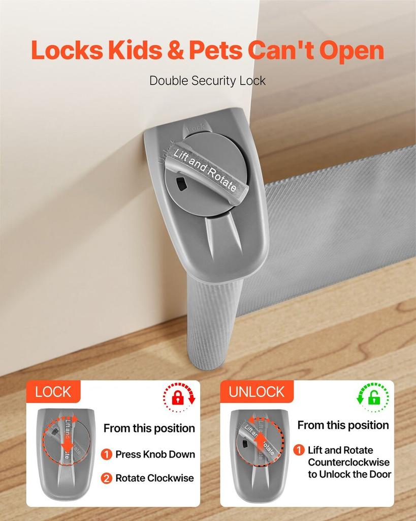 Retractable Baby Gate, Extends to 1450 mm Wide, 980 mm Tall, with Security Lock, Easy to Use, Walk Through Without Tripping, Mesh Dog Gate for Stairs,
