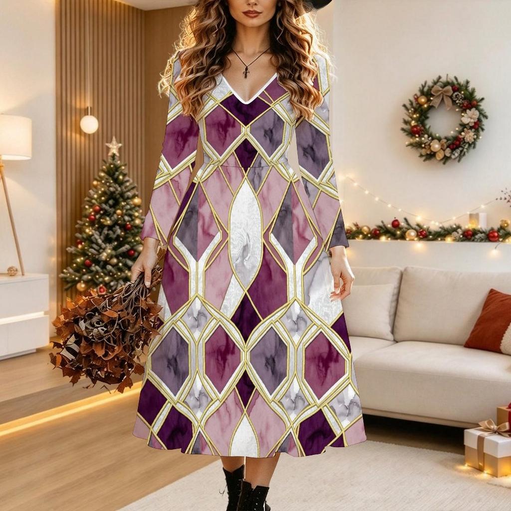 Halloween Women's Purple Leopard Print Midi Dress A Line Dress Vacation Casual Daily Regular Fit Long Sleeve V Neck Black Spring Fall