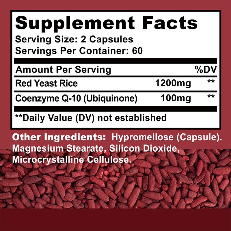 Red Yeast Rice with CoQ10 Supplement - Extra Strength Red Yeast Rice 1200 Mg. CoQ10 100 Mg Capsule Per Serving