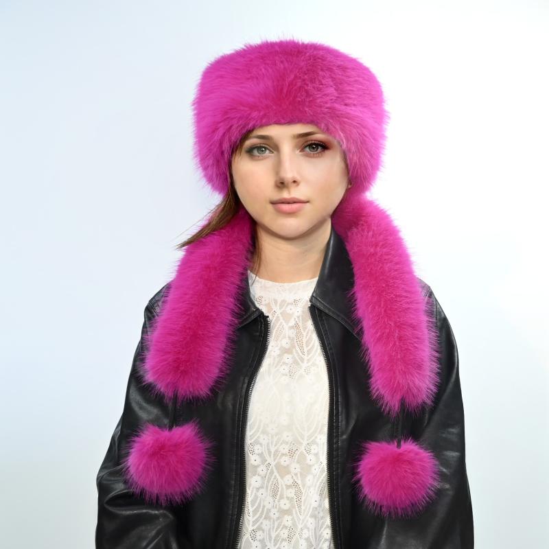 Damen Winter Kunstfuchsfell Trapper Mütze Rollrand Runde Krone Großes Bims Kunstpelzmütze