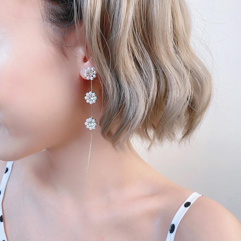 S925 Silver Flower Pearl Tassel Earrings for Women