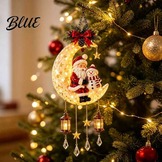 Unique Christmas Exchange Gift Santa Moon Hanging Lamp Iron LED Lighted Ornament Light Glowing Atmosphere for Wall Window Porch Decor Holiday