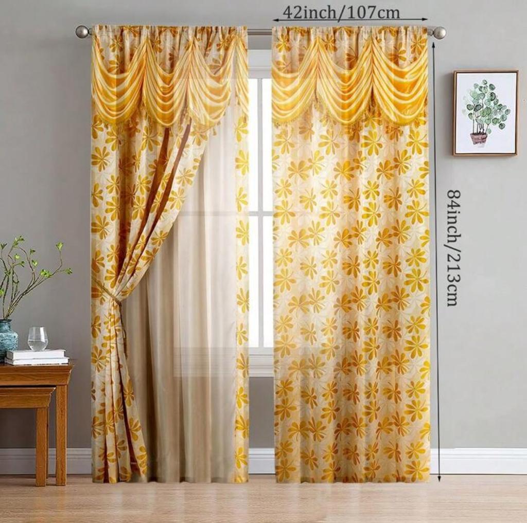 Gula blommor falskt bakgrundsmönster tryckta gardiner, sovrum och vardagsrum, heminredning, rumsdekoration