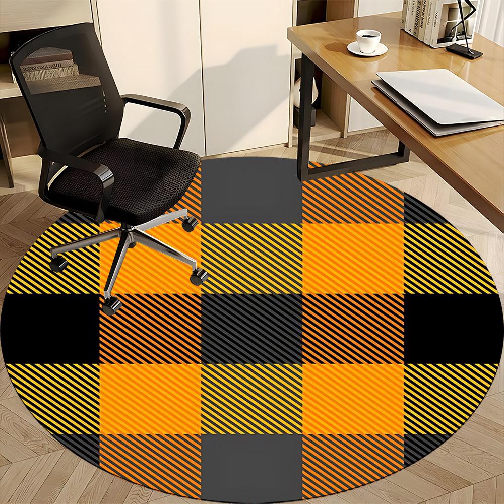 1pc Orange Black Checkered Chair Carpet for Office, Round Polyester Mat, Indoor Decor for Office, Easycare Fabric, Washable Non-slip Area Carpet