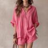 Women Summer Two Piece Outfit Casual Short Sleeve Button Down Shirt And Shorts Casual Lounge Sets with Pockets