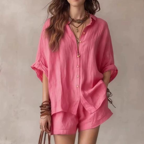 Women Summer Two Piece Outfit Casual Short Sleeve Button Down Shirt And Shorts Casual Lounge Sets with Pockets