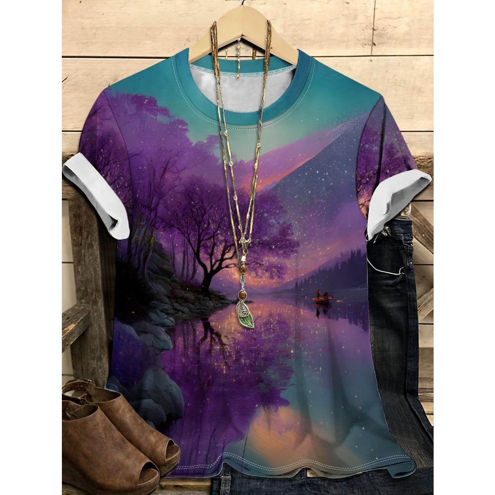 

Colorful Landscape and Flower Pattern 3D Digital Printing Women s Trendy Round Neck Short Sleeve T-shirt 6XL