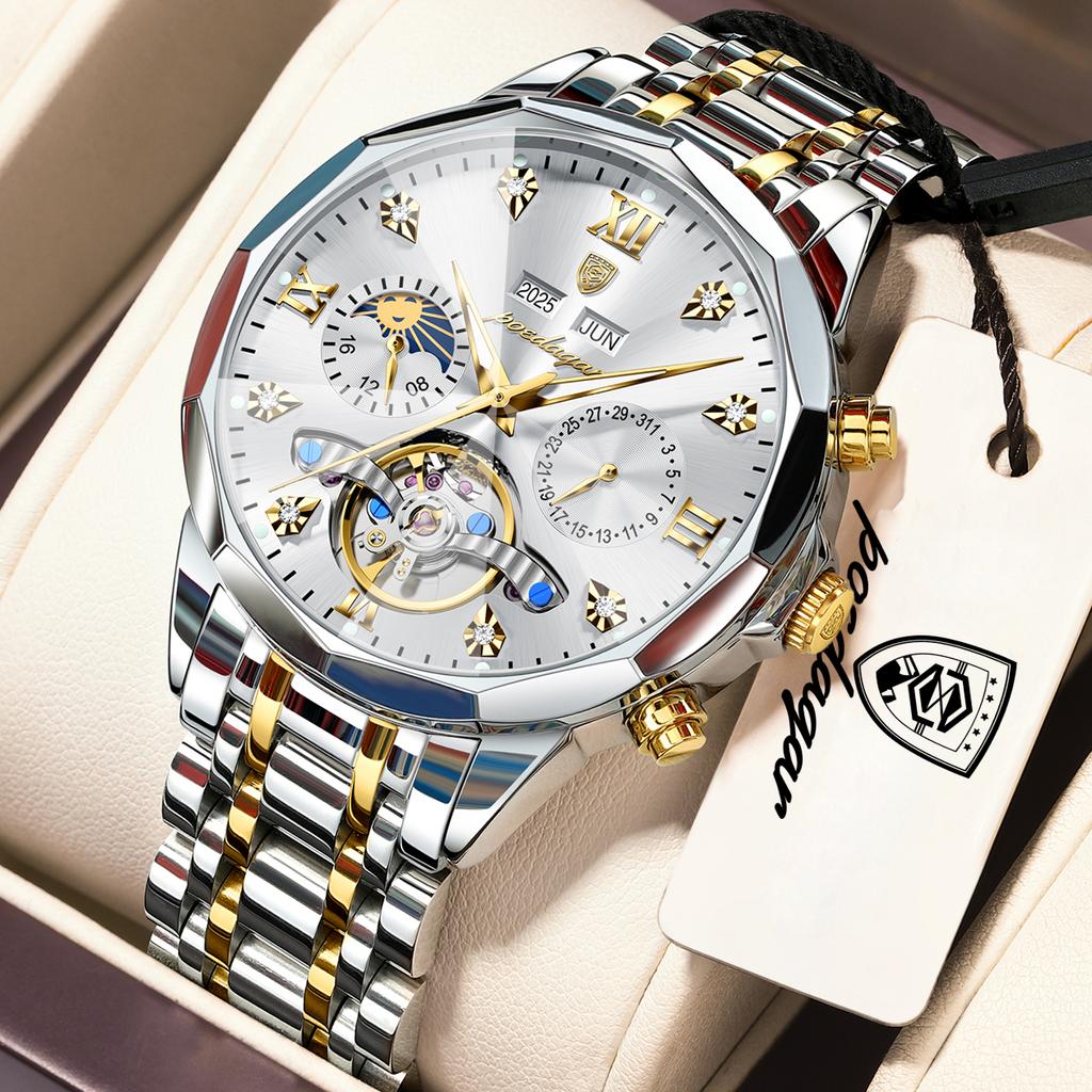 POEDAGAR Top Business Men Watch Stainless Steel Waterproof Hollow Tourbillon Man Clock Automatic Mechanical Luxury Men's Watches