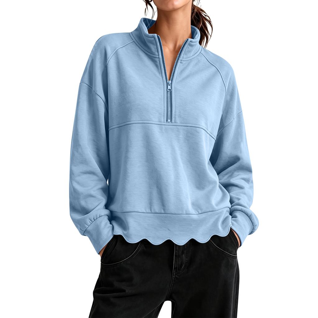 Women's Scalloped Wavy Hem Crewneck Sweatshirt Loose Fit Color Drop Shoulder Long Sleeve Pullover Top for Casual Wear