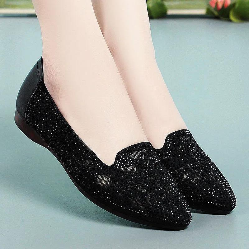 Spring Summer Women's Beef Tendon Bottom Soft Leather Shallow Mouth Soft Bottom Low Heel Hollow Women's Shoes Breathable Mesh Women's Single Shoes