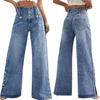 Denim Wide Leg Jeans With Open Slit And Button For Trendy Streetwear Women