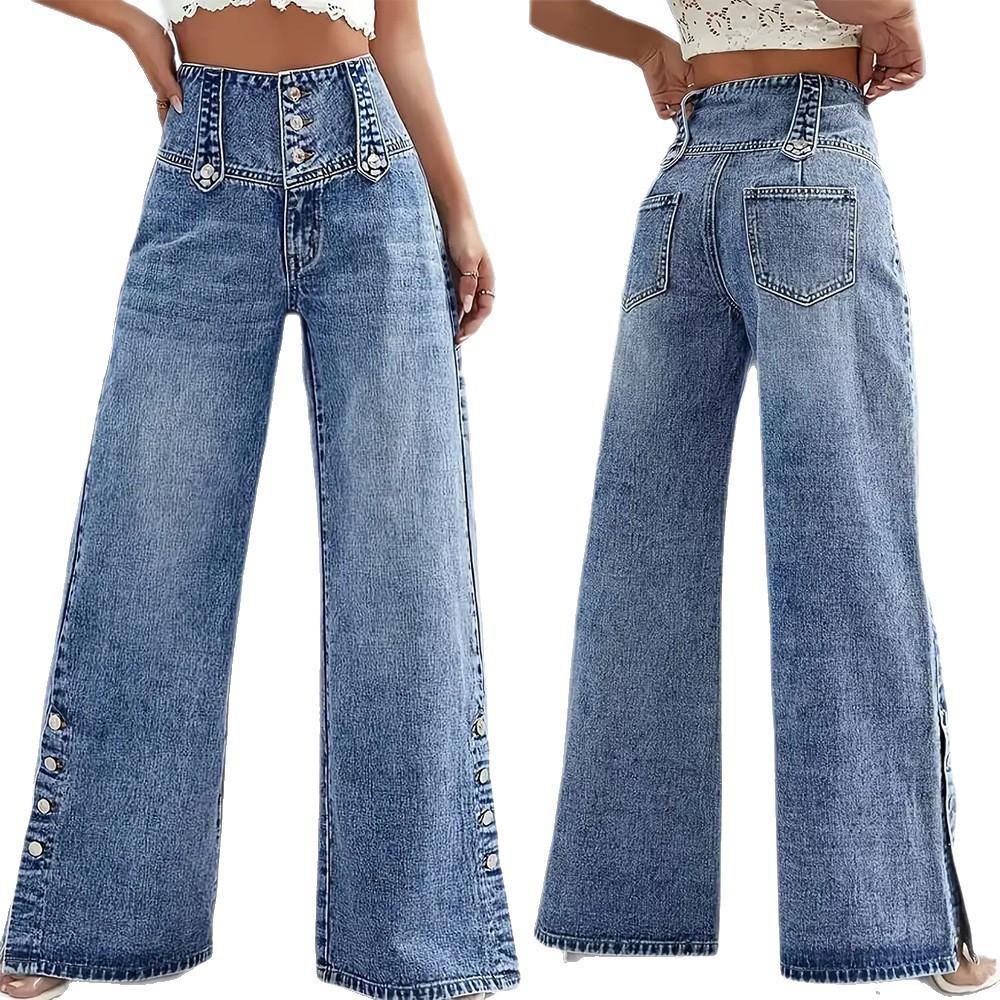 Denim Wide Leg Jeans With Open Slit And Button For Trendy Streetwear Women