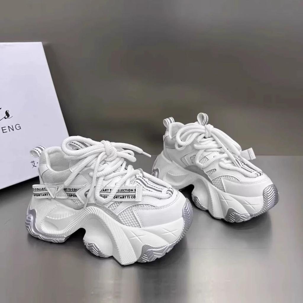 European Station Leather 2025 New Breathable Versatile Lace-up Muffin Mesh Platform Dad Shoes Women's Sports and Leisure Shoes