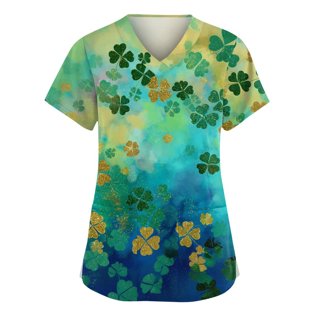 Women's Fashion V-Neck Short Sleeve Overalls With Pockets  Print Tops  Clothes