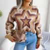 Women Y2K Autumn Winter Contrast Star Long Sleeve Pullover Sweater O Neck Knitted Tops
