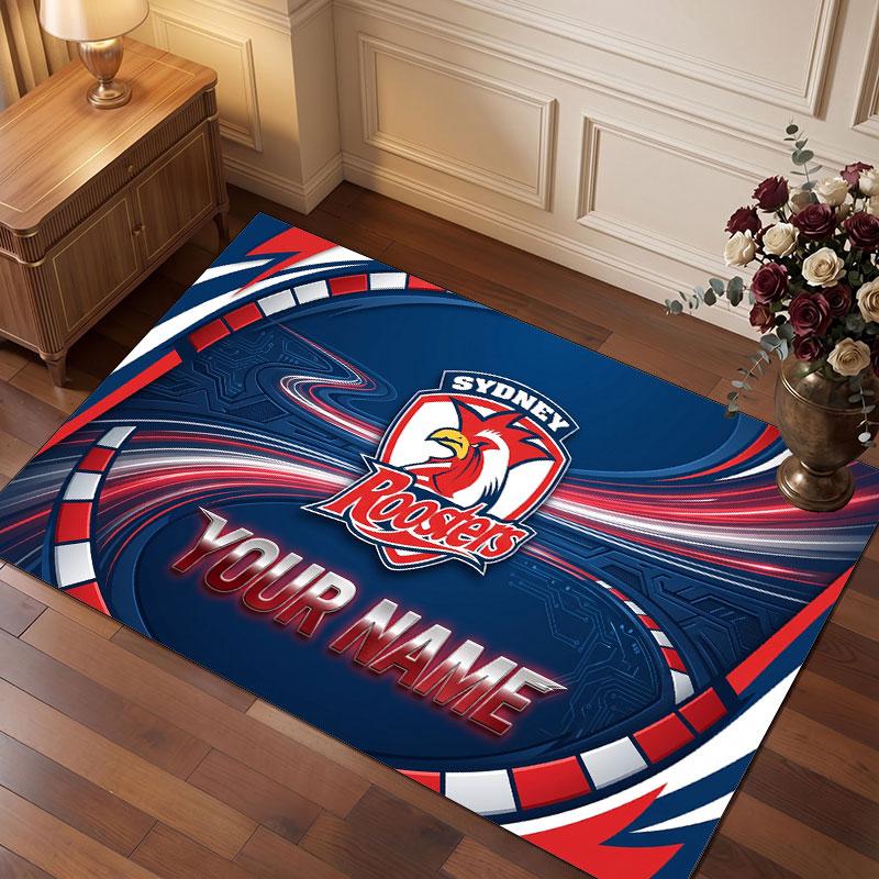 Sydney Roosters Personalized Crystal Velvet Carpet, Customized Name Text Soft Anti‑Slip Rug for Living Room Bedroom