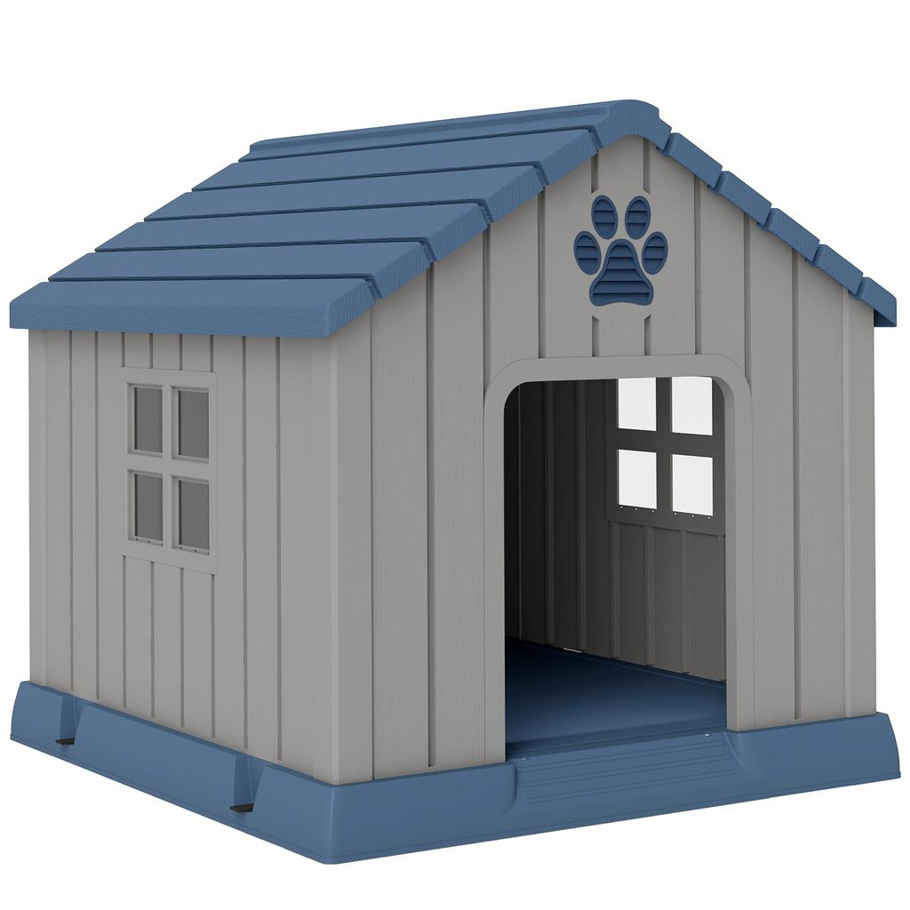 Waterproof Outdoor Dog House for Medium Size Dogs with Raised Base and Windows, 85x79x82 cm, Grey