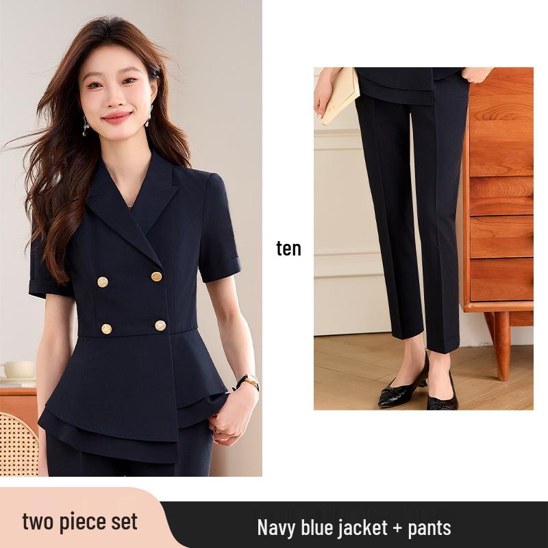 Women's Summer Short-Sleeve Suit Set - Elegant, High-End Professional Attire for Front Desk Managers