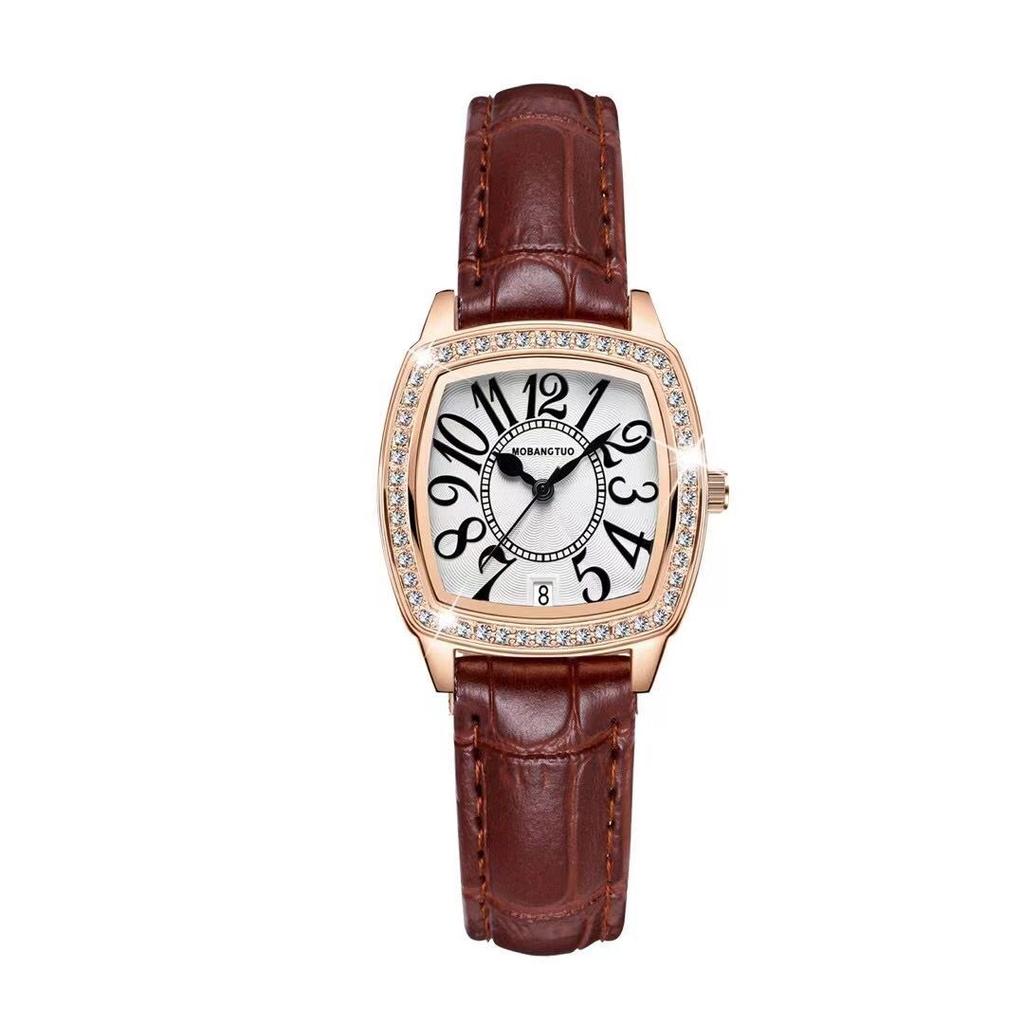 Square Women'S Watch Digital Scale With Date Small Square Watch Retro Coffee Belt Waterproof Fashion Women'S Watch